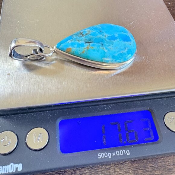 VTG Sterling Silver 925 Turquoise Bezel Set Teardrop Pendant Size 2.5" Length - Picture 10 of 10